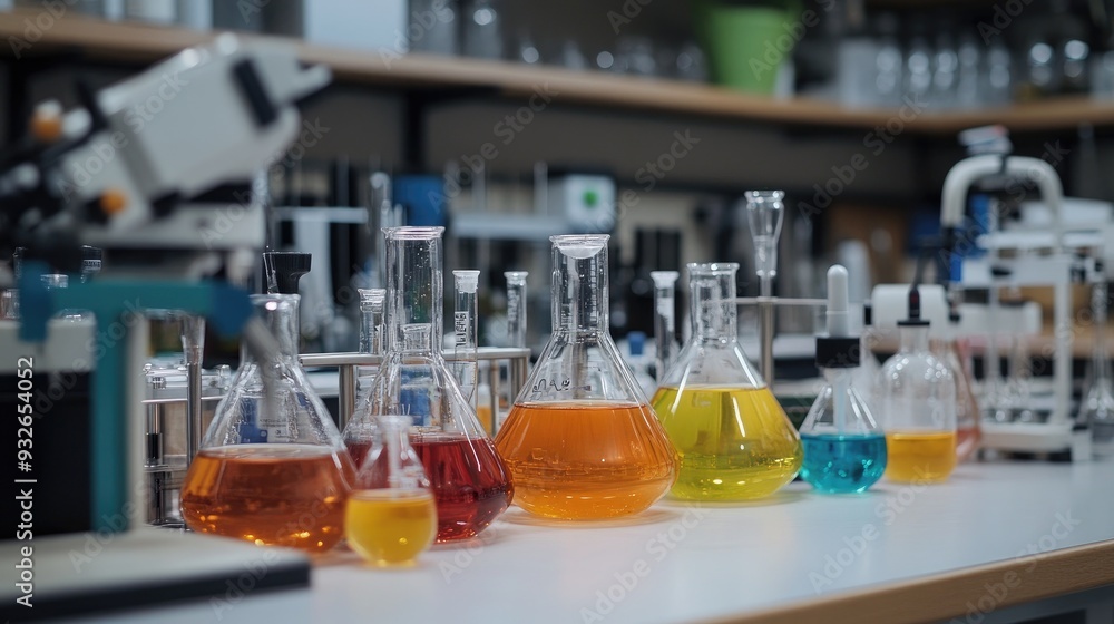 A chemistry lab background with colorful liquids bubbling in flasks and advanced titration equipment on a clean, organized bench. A chemistry lab background with colorful liquids bubbling in flasks and advanced titration equipment on a clean, organized bench.