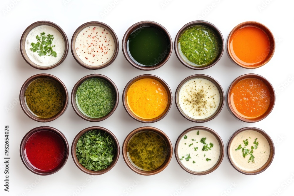 Various dip sauces in differing bowls top view on white background Various dip sauces in differing bowls top view on white background