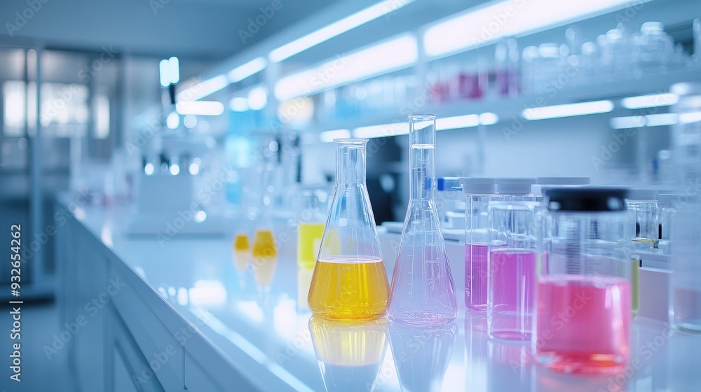 A clean and sterile research lab showcasing high-tech instruments, colorful solutions in glass beakers, and precision measuring tools. A clean and sterile research lab showcasing high-tech instruments, colorful solutions in glass beakers, and precision measuring tools.