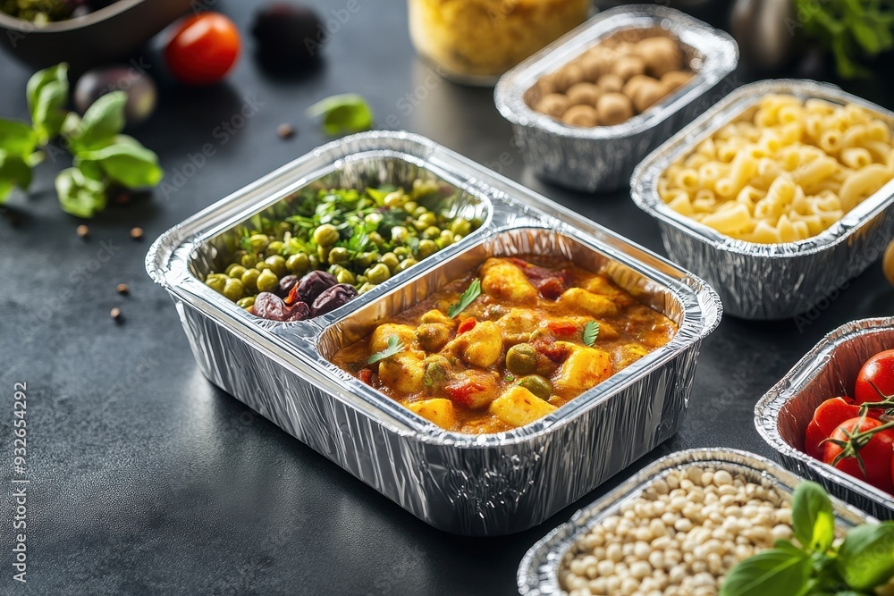 Various nutritious meals in aluminum lunch containers for delivery from airlines Various nutritious meals in aluminum lunch containers for delivery from airlines