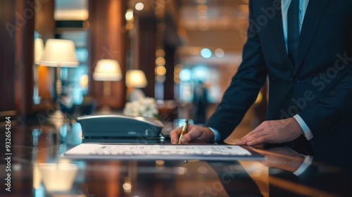 a hotel concierge desk with a staff member assisting guests with bookings and information.