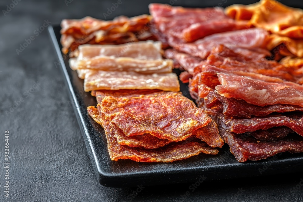 Obraz premium Various types of jerky on rustic background