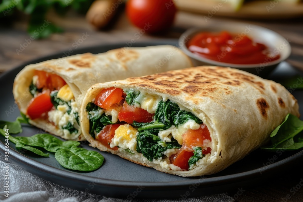 Vegan breakfast with pita spinach cheese tomatoes and ketchup on a plate Healthy eating Vegan breakfast with pita spinach cheese tomatoes and ketchup on a plate Healthy eating