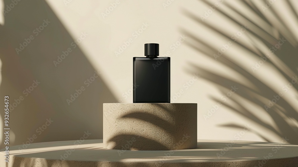 Elegant Black Perfume Bottle on Podium, Neutral Background Mockup - AI Generated Image Elegant Black Perfume Bottle on Podium, Neutral Background Mockup - AI Generated Image