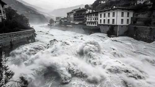 Flash floods ravaging community due to climate change in black and white