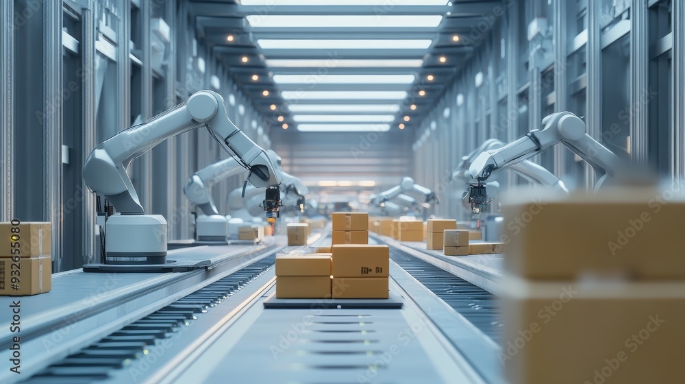A distribution center with robotic arms sorting packages, reflecting the automation trends in modern logistics. A distribution center with robotic arms sorting packages, reflecting the automation trends in modern logistics.