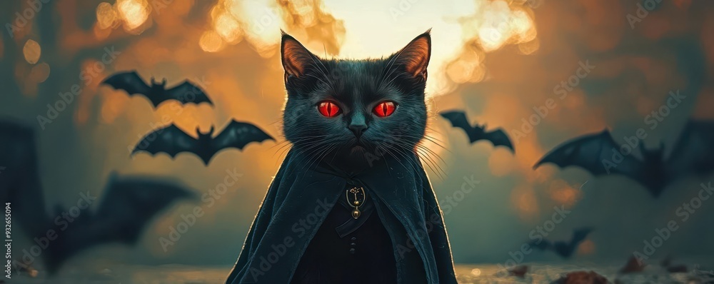 A black cat wearing a tiny Dracula cape, with glowing red eyes, surrounded by bats, dark gothic style, deep shadows, eerie atmosphere A black cat wearing a tiny Dracula cape, with glowing red eyes, surrounded by bats, dark gothic style, deep shadows, eerie atmosphere