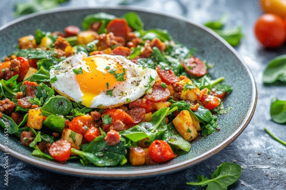 Vegetable salad with poached egg spinach and chorizo Keto diet recipe Healthy food concept Vegetable salad with poached egg spinach and chorizo Keto diet recipe Healthy food concept