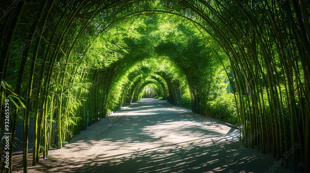 Obraz premium 1. Arches of lush green bamboo forest with beautifully curved shapes, forming natural tunnels, sunlight gently filtering through the leaves, casting intricate shadows on the ground