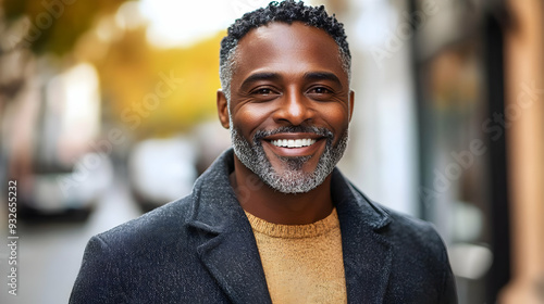 A smiling man in a stylish coat against a blurred urban background.