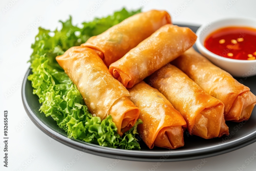 Vegetable spring roll with Thai chilli sauce on white plate appetiser on halal menu for cafe Hong Kong style Vegetable spring roll with Thai chilli sauce on white plate appetiser on halal menu for cafe Hong Kong style