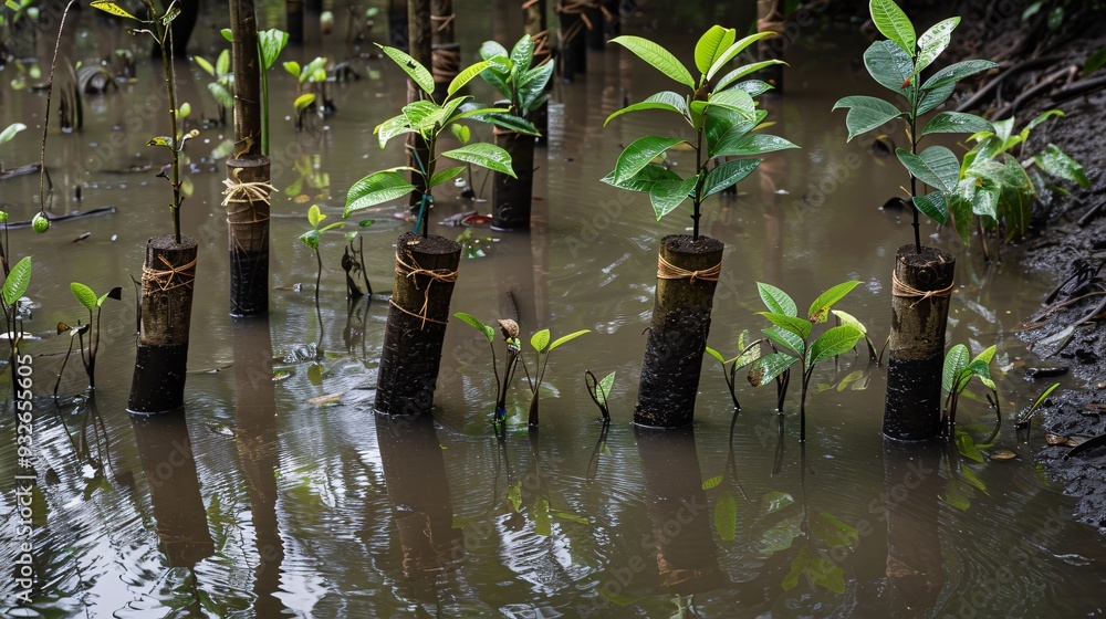 Naklejka premium 4. A collection of saplings tied and prepared for farmers in Southeast Asia, depicting the traditional blackening method in flooded rice fields during the rainy season, featuring rural settings from