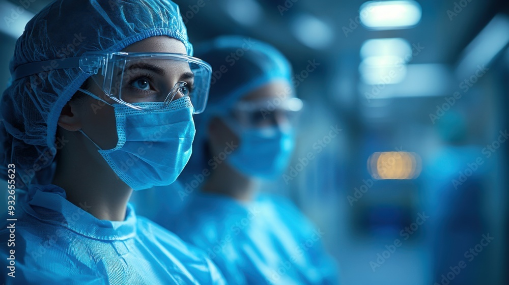 Medical professionals in protective gear in a hospital setting. Medical professionals in protective gear in a hospital setting.