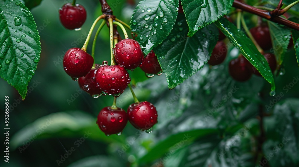 Obraz premium 1. Close-up of vibrant, wet cherries hanging from branches, glistening with rain droplets during the rainy season, surrounded by lush green leaves