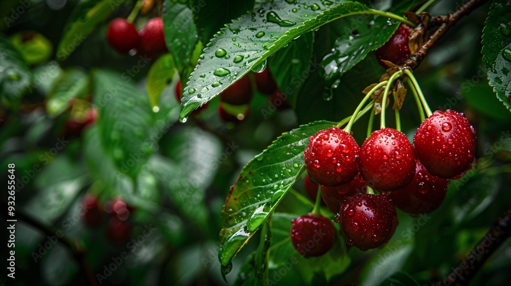 Obraz premium 1. Close-up of vibrant, wet cherries hanging from branches, glistening with rain droplets during the rainy season, surrounded by lush green leaves