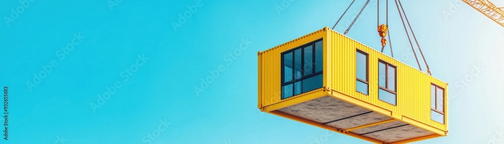 A bright yellow shipping container is being lifted by a crane against a clear blue sky, showcasing modern construction and logistics. A bright yellow shipping container is being lifted by a crane against a clear blue sky, showcasing modern construction and logistics.