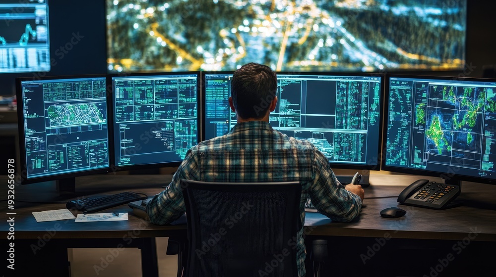 A logistics professional in a control room analyzing real-time data on multiple screens, focusing on optimizing delivery routes. A logistics professional in a control room analyzing real-time data on multiple screens, focusing on optimizing delivery routes.