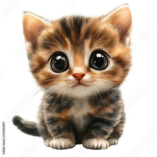 An adorable kitten with big isolated on transparency PNG background, bright eyes sits and looks into the camera, perfect for pet-related promotions, greeting cards photo