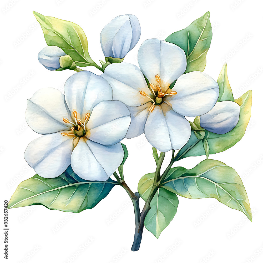 A delicate watercolor painting of white blossoming flowers with green leaves isolated on transparency PNG background, ideal for use in greeting cards, wedding invitations A delicate watercolor painting of white blossoming flowers with green leaves isolated on transparency PNG background, ideal for use in greeting cards, wedding invitations