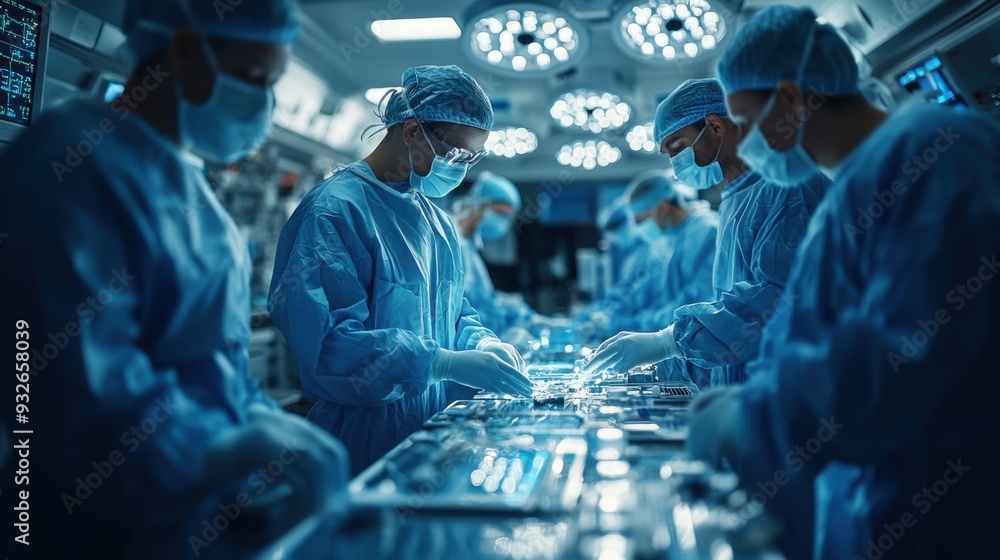 Surgeons in scrubs performing a procedure in an operating room. Surgeons in scrubs performing a procedure in an operating room.