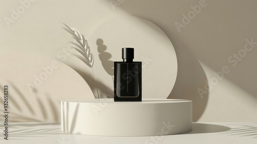 Wallpaper Mural Plain Black Perfume Bottle Displayed on a Podium with Neutral Background - AI Created Mockup Torontodigital.ca