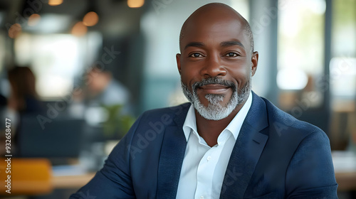 A smiling man in a suit, seated in a modern office environment.