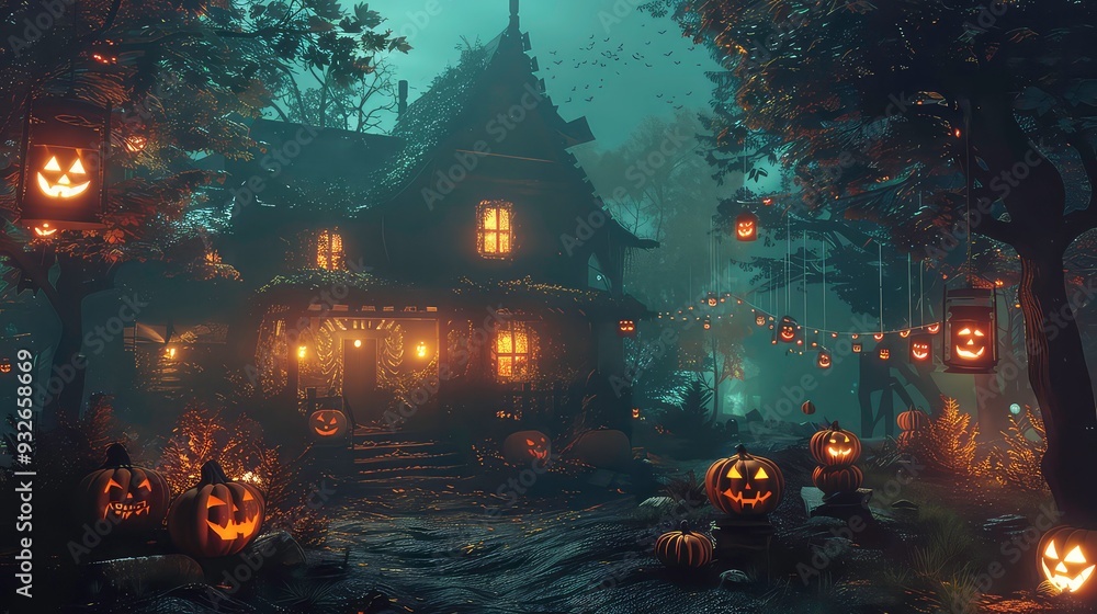 A spooky Halloween scene with a haunted house in the woods, lit by glowing jack-o'-lanterns. A spooky Halloween scene with a haunted house in the woods, lit by glowing jack-o'-lanterns.