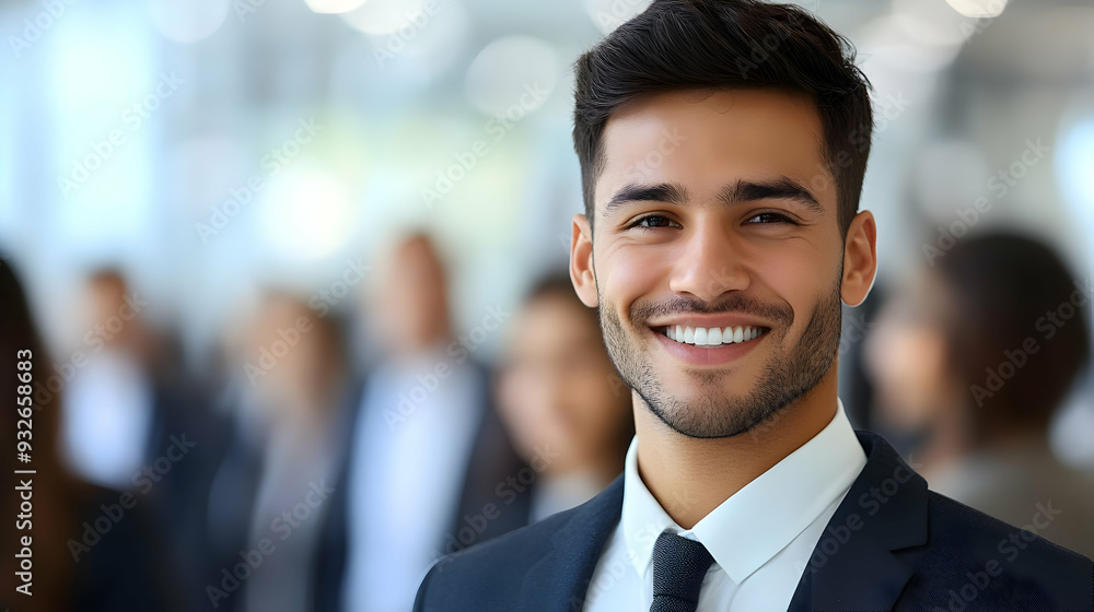 A smiling man in a suit, surrounded by a professional environment. A smiling man in a suit, surrounded by a professional environment.