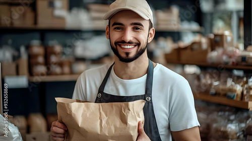 A smiling man in an apron h...