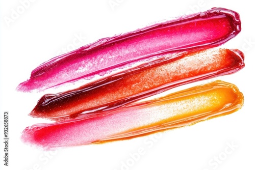 Vibrant lip gloss samples on white background with text Beauty and makeup idea