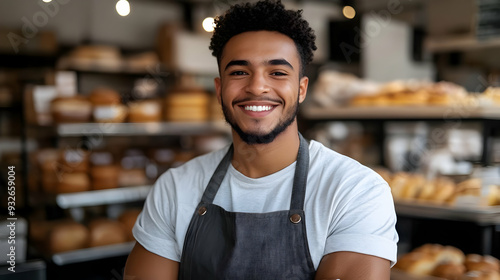 A smiling man in an apron s...