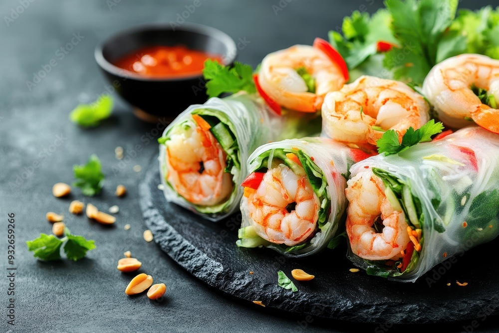 Vietnamese appetizer with fresh shrimp veggies and peanut sauce Healthy salad spring rolls Vietnamese appetizer with fresh shrimp veggies and peanut sauce Healthy salad spring rolls