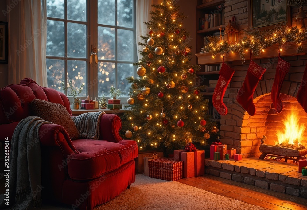 Cozy living room with a Christmas tree and fireplace during the holiday season Cozy living room with a Christmas tree and fireplace during the holiday season