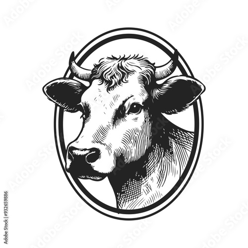 Dairy catlle cow engraved hand drawing logo vector photo