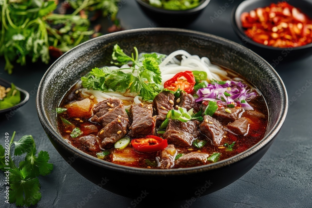 Vietnamese beef soup on dark background Vietnamese beef soup on dark background