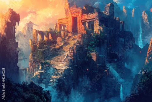 Ancient Stone Temple on a Clifftop with Waterfalls