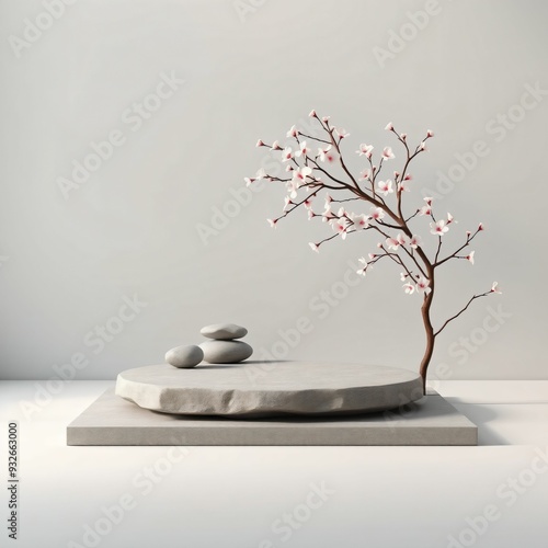 Stone Platform Display with Sakura Branches and Stones