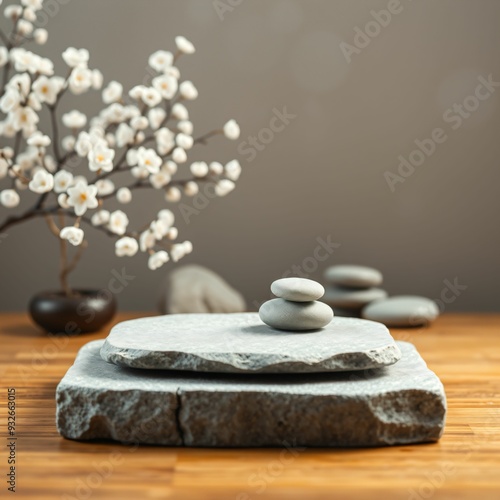 Stone Platform Display with Sakura Branches and Stones
