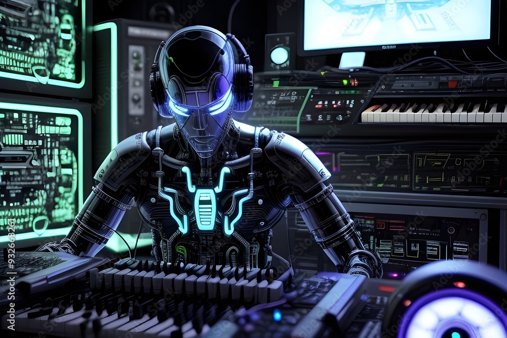 Cybernetic Musician: A musician enhanced with advanced technology, blending human creativity with cybernetic capabilities. Cybernetic Musician: A musician enhanced with advanced technology, blending human creativity with cybernetic capabilities.