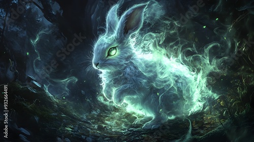 Spectral Silver Marten Rabbit in Haunted Forest with Glowing Green Eyes photo