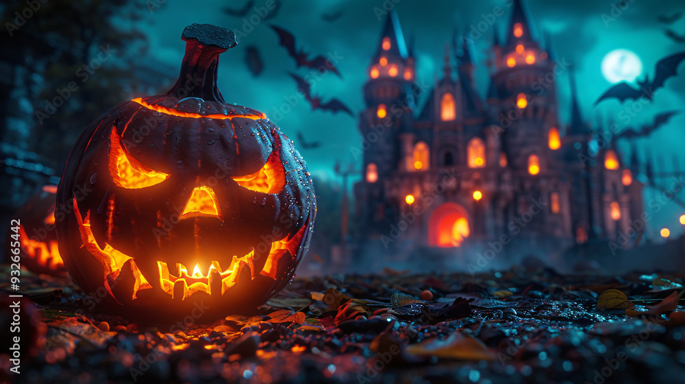 Fototapeta premium Spooky Halloween Night with Glowing Jack-O'-Lanterns, Haunted House, and Full Moon - Perfect for Halloween Party Invitations, Decorations, and October Festivities
