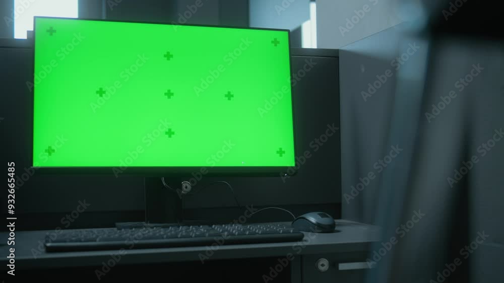 Workplace for security guard with PC at the entrance to the office. Computer monitor showing green screen chromakey. Walkie talkie stands on the table. Surveillance system and monitoring concept. Workplace for security guard with PC at the entrance to the office. Computer monitor showing green screen chromakey. Walkie talkie stands on the table. Surveillance system and monitoring concept.