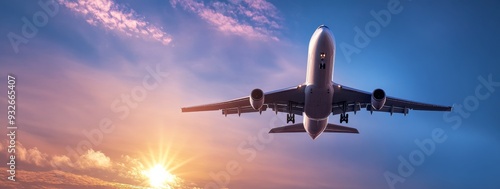 Passenger Airplane Soaring at Sunset with Vibrant Blue and Purple Clouds, Sunlight Enhancing the Atmosphere of Travel, Adventure, and Business Journeys Across Continents