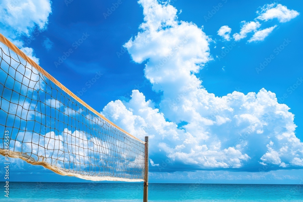 Volleyball net against beautiful blue sky at beach Volleyball net against beautiful blue sky at beach