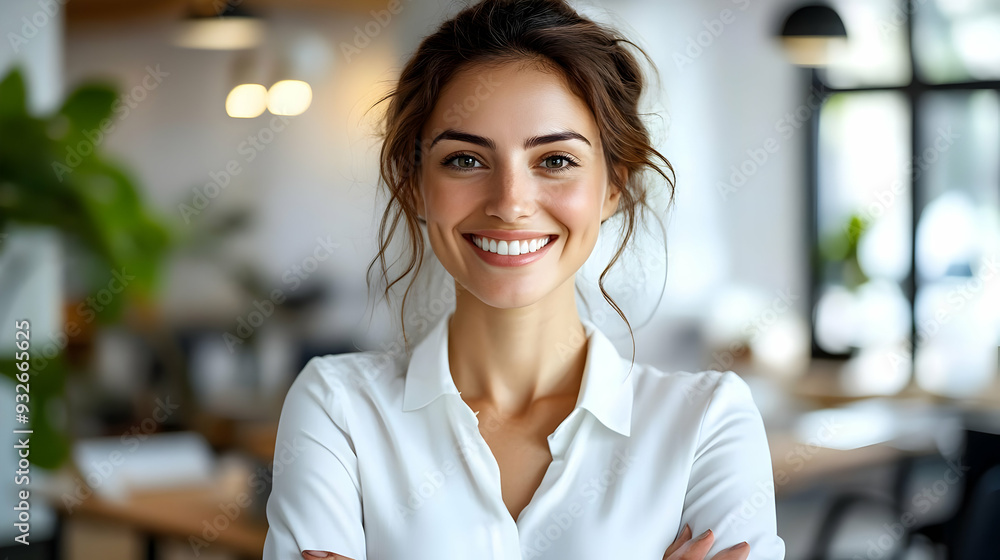A smiling woman in a modern office setting, exuding confidence. A smiling woman in a modern office setting, exuding confidence.