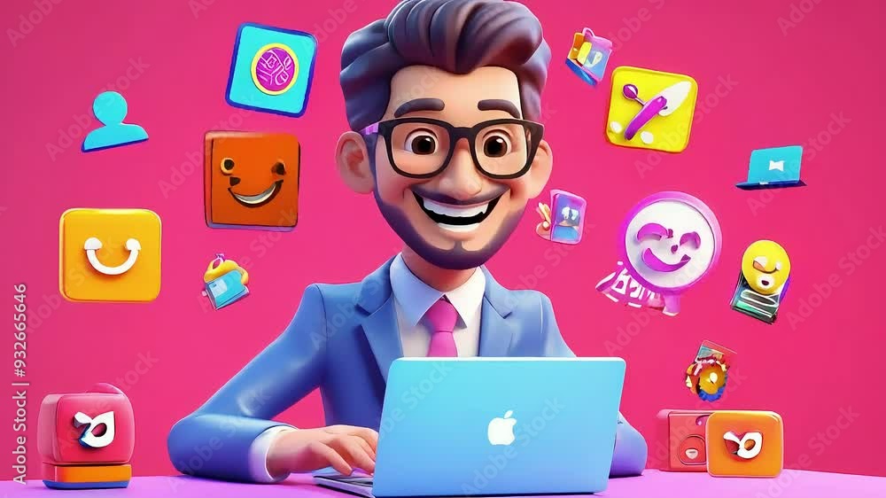 Smiling Cartoon Man Using a Laptop with App Icons