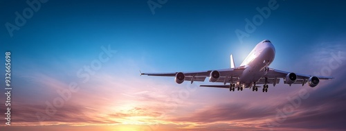 Passenger Airplane Soaring at Sunset with Vibrant Blue and Purple Clouds, Sunlight Enhancing the Atmosphere of Travel, Adventure, and Business Journeys Across Continents