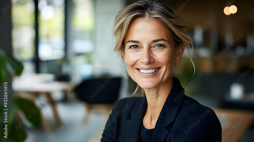 A smiling woman in a modern office setting. A smiling woman in a modern office setting.