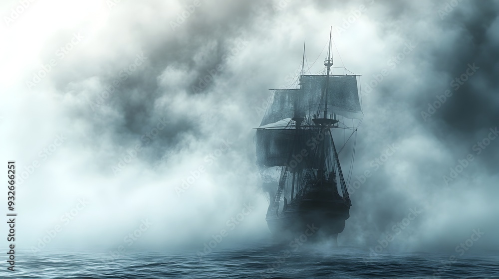 Fototapeta premium Ghostly Sailing Ship Voyaging Through Misty Gothic Waters on Watercolor Adventure