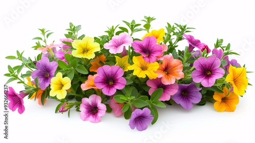 3. Beautiful arrangement of Calibrachoa flowers with a mix of bright hues and delicate green foliage, isolated on a pristine white background